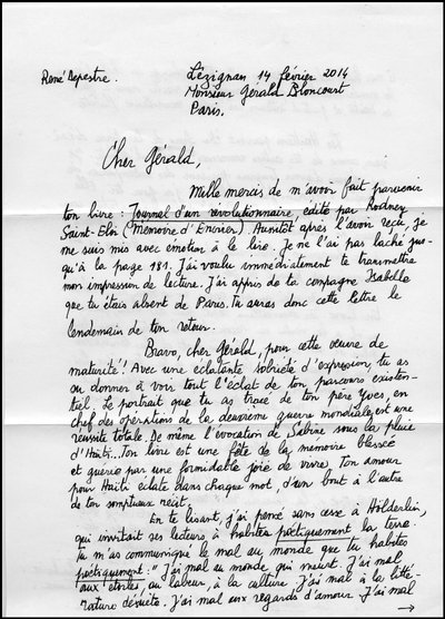 Briefe von René Depestre, Seite 1 über sein Buch „Journal d
