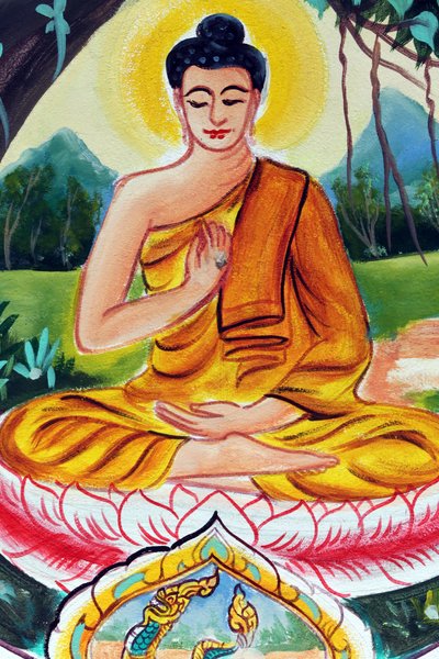 20151029, Vientiane, Laos: Wat Inpeng buddhistischer Tempel. Malerei, die die Lebensgeschichte von Shakyamuni Buddha darstellt. Der lehrende Buddha zeigt einen besonderen Moment im Leben des Buddha, nämlich die erste Predigt, die der Buddha nach der Erleuc von Unbekannt
