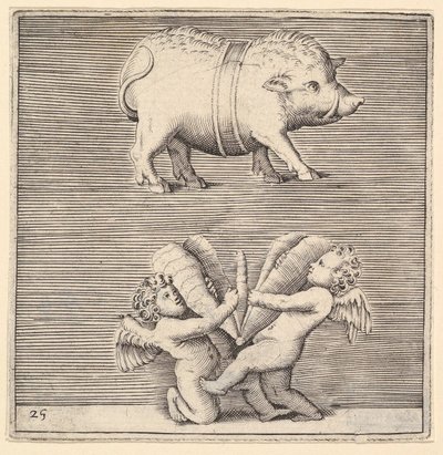 Ein gegürtetes Schwein und zwei Cupidos oder Genien mit einem Schmetterling oder einer Motte von Unbekannt