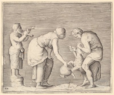 Eine Frau sammelt Blut von einem Schaf, veröffentlicht ca. 1599-1622 von Unbekannt