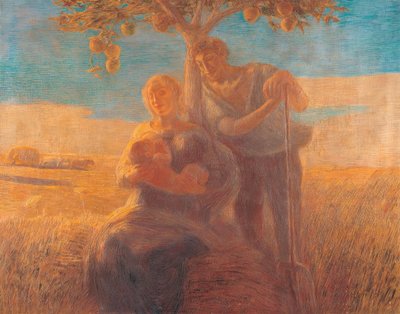 Eine Familie ruht sich während der Weizenernte unter einem Apfelbaum aus von Unbekannt