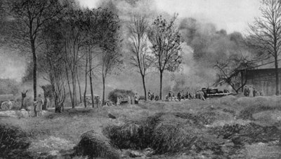 Ein Bauernhof brennt durch deutsche Brandbomben, Artois, Frankreich, Erster Weltkrieg, 1915 von Unbekannt