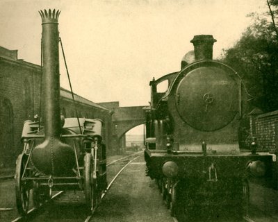 Ein Modell von Stephensons Rocket neben einer Lokomotive der George the Fifth Klasse, London von Unbekannt