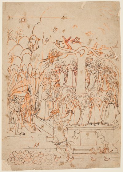 Ein Blatt aus einer Baramasa-Serie: der Monat Jyestha Mai-Juni, Krishna beobachtet die Gopis..., um 1760 von Unbekannt