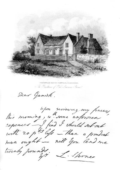 Eine Notiz von Sterne an Garrick und eine Ansicht von Sternes Haus in Yorkshire, 18. Jahrhundert, 1840 von Unbekannt