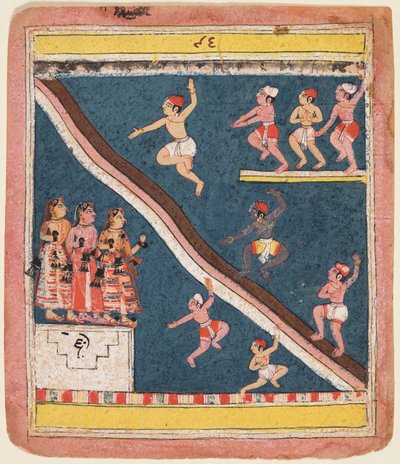 Eine Seite aus Rasikapriya von Kesava Das: Krishna und die Gopas tauchen in einen Teich, um 1640 von Unbekannt
