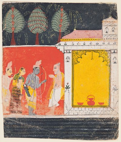 Eine Seite aus einem Ramayana: Eine Nachtszene von Rama, Lakshman und Sita vor dem Rishi..., ca. 1650 von Unbekannt