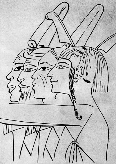 Eine Skizze von afrikanischen und asiatischen Männern aus dem Grab von König Sethos I., Theben, Ägypten, 1936 von Unbekannt