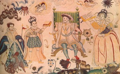 Ein Wandteppich mit Heinrich VIII., Edward VI. und Elizabeth I. Vermutlich elisabethanisch von Unbekannt