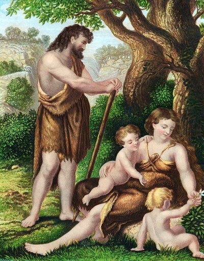 Adam und Eva mit ihren Söhnen, Kain und Abel, ruhen in der Wildnis, ca. 1860 von Unbekannt