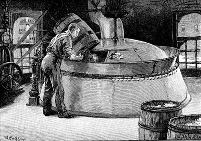 Hinzufügen von Hopfen zu kochendem Bier in einer amerikanischen Brauerei, 1885 von Unbekannt