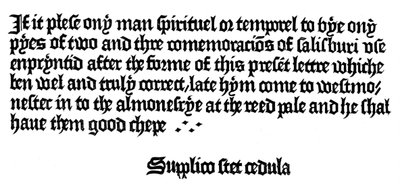Werbung für ein Buch, gedruckt von William Caxton, 15. Jahrhundert, 1893 von Unbekannt