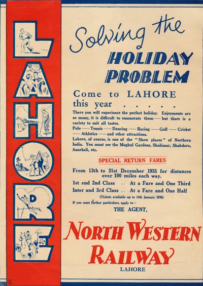 Werbung für die North Western Railway zur Förderung von Reisen nach Lahore, 1936 von Unbekannt