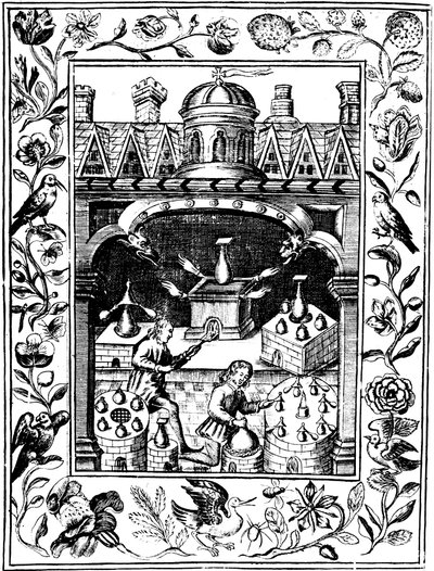 Alchemisches Labor, das verschiedene Formen von Öfen und Gefäßen zeigt, 1652 von Unbekannt