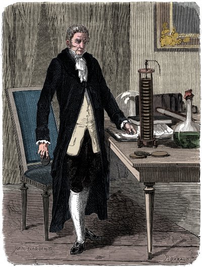 Alessandro Volta, italienischer Physiker, demonstriert seine elektrische Batterie von Unbekannt
