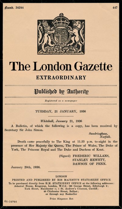 Ein außergewöhnliches Bulletin der London Gazette, das den Tod von König Georg V. ankündigt von Unbekannt