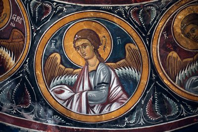 Engelmedaillon um Christus und das Jüngste Gericht (Detail) der byzantinischen Freske aus dem Narthex-Gewölbe der Kirche von Asinou. Jüngstes Gericht Szene 14. Jahrhundert (1332) UNESCO-Weltkulturerbe, Troodos-Region, Zypern von Unbekannt