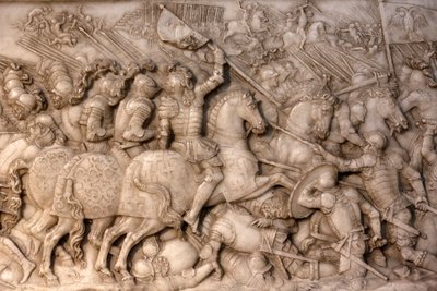 Basilika von St. Denis, Grab von Franz I. König von Frankreich und Claude von Frankreich, Relief der Stiftung, Darstellung der Schlacht von Cerisoles, hier die französische Kavallerie gegen die kaiserlichen Truppen, Saint-Denis, Frankreich von Unbekannt