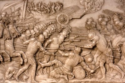 Basilika von St. Denis, Grab von Franz I. König von Frankreich und Claude von Frankreich, Relief der Stiftung, Darstellung der Schlacht von Marignano 1515 - die Franzosen und ihre Artillerie gegen die Alte Eidgenossenschaft, Saint-Denis, Frankreich von Unbekannt