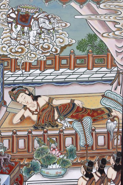 Vor der Geburt Siddhartha Gautamas träumte seine Mutter von einem weißen Elefanten, der ihr eine Lotusblume überreichte von Unbekannt