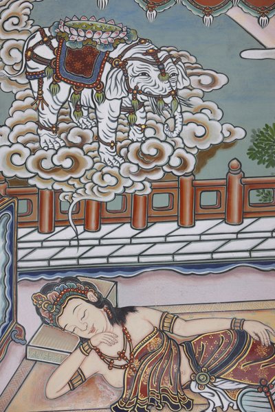 Vor der Geburt Siddhartha Gautamas träumte seine Mutter von einem weißen Elefanten, der ihr eine Lotusblume überreichte, Seoul, Südkorea von Unbekannt