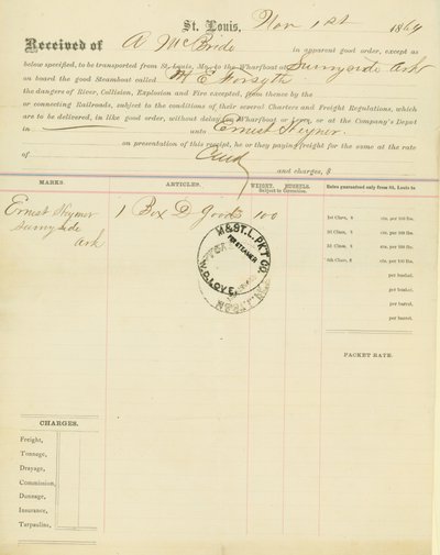 Frachtbrief, Dampfschiff M[ary] E. Forsyth, Sunnyside, Arkansas, 1. November 1864 von Unbekannt