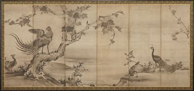 Vögel, Blumen und Bäume: auf der Rückseite Bambusbäume, Momoyama-Periode, 1568-1615 von Unbekannt