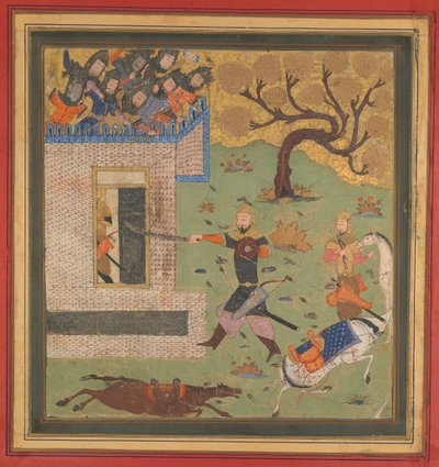Bizhan zwingt Farud, sich in seine Festung zurückzuziehen, Folio aus einem Shahnama Buch der Könige, ca. 1430-40 von Unbekannt
