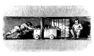 Junge schiebt einen mit Kohle beladenen Wagen vom Kohleflöz zum Schachtboden (ca. 1848) von Unbekannt