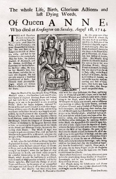 Flugblatt veröffentlicht zum Tod von Königin Anne, 1714 von Unbekannt