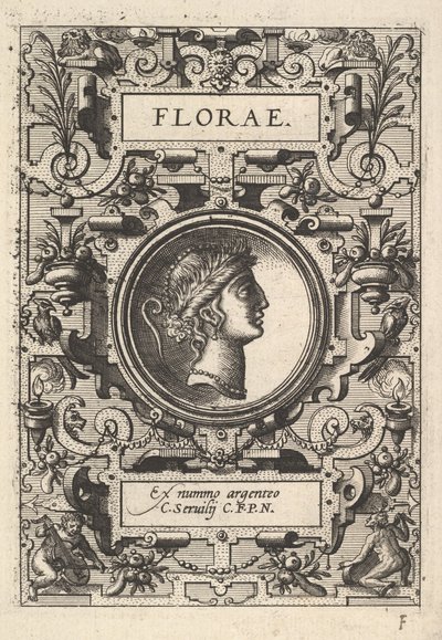 Büste von Florae umgeben von Riemenwerk, aus der Serie Deorum dearumque, ein Satz von Bildern..., 1573 von Unbekannt