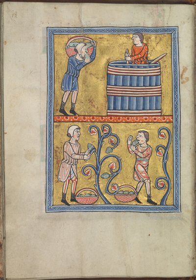 Kalender, September, Männer beim Traubenpflücken und -treten - Psalter von Eleonore von Aquitanien (ca. 1185) - KB 76 F 13, Folium 009v von Unbekannt