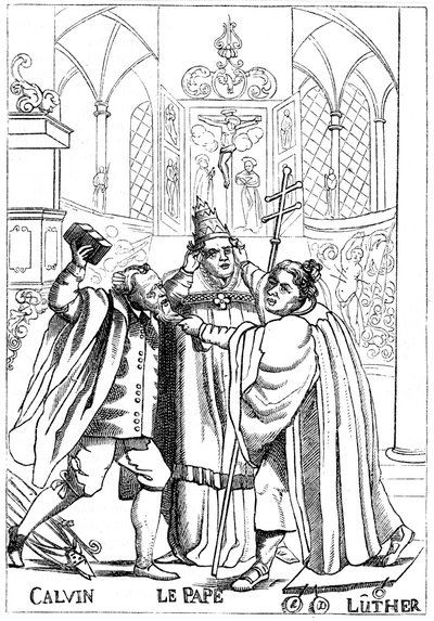 Calvin, Luther und der Papst kämpfen gegeneinander, veröffentlicht 1600 von Unbekannt