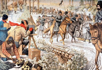Kameramann beim Filmen russischer Truppen in der Mandschurei für eine frühe Wochenschau, Russisch-Japanischer Krieg, 1904 von Unbekannt