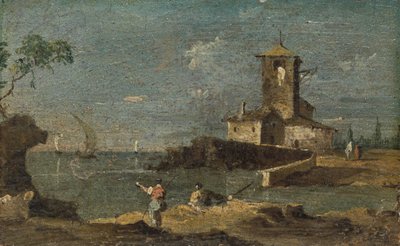 Capriccio mit einem quadratischen Turm und zwei Häusern, 18. Jahrhundert von Unbekannt