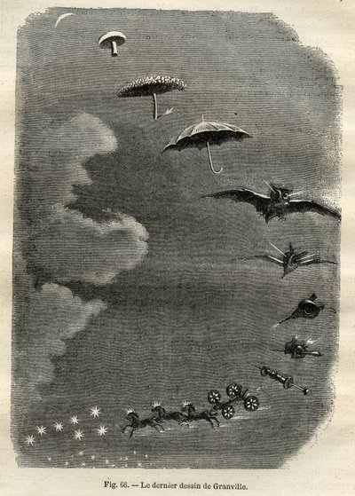 Himmlische Metamorphose: Der Traum eines jungen Mädchens, das den Mond betrachtet, der sich in einen Pilz, Regenschirm, Fledermaus... und schließlich in einen Tank des Großen Bären verwandelt (letzte Zeichnung von Jean-Isidore Gerard, genannt J.J. Grandvil von Unbekannt