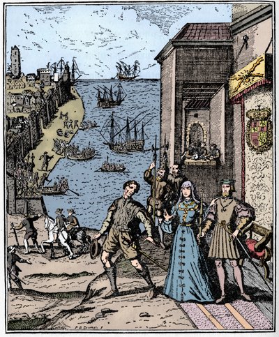Kolumbus mit Ferdinand und Isabella, 3. August 1492 von Unbekannt