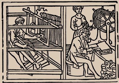 Kämmen, Spinnen und Weben von Wolle. Aus Speculum Vitae Humanae von Rodericus Zamorensis, 1479 von Unbekannt