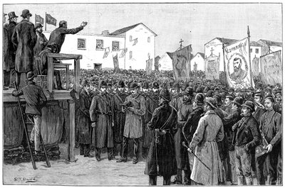 Polizei bewacht einen Regierungsreporter bei einem Plan-of-Campaign-Treffen, Irland, 1887 von Unbekannt