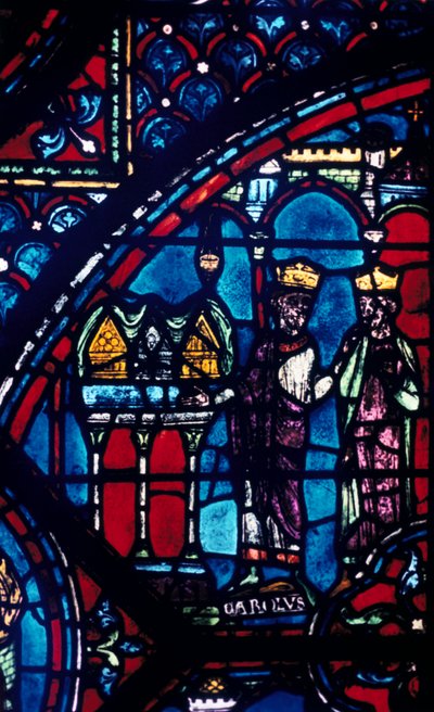 Konstantin überreicht Karl dem Großen Reliquien, Buntglas, Kathedrale von Chartres, Frankreich, um 1225 von Unbekannt
