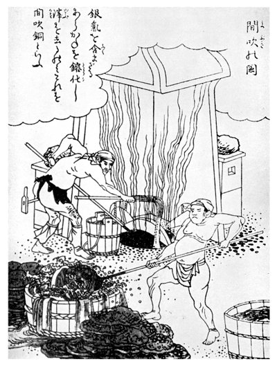Kupferschmelzen, eine primitive Methode, Japan, ca. 1900 von Unbekannt