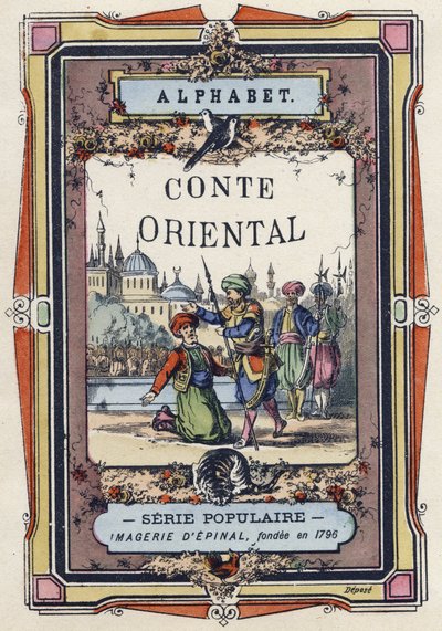 Titelblatt des Alphabets des orientalischen Märchens. Epinal-Bildgebung, um 1890. Beliebte Serie. Kleines Heft mit 8 Seiten. von Unbekannt