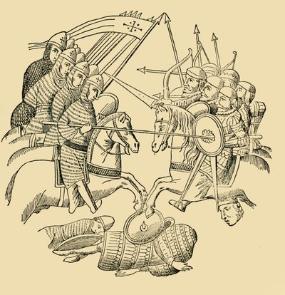 Kreuzritter und Sarazenen im Kampf, ca. 1930 von Unbekannt