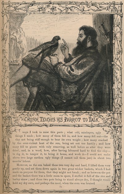 Crusoe bringt seinem Papagei das Sprechen bei, ca. 1870 von Unbekannt