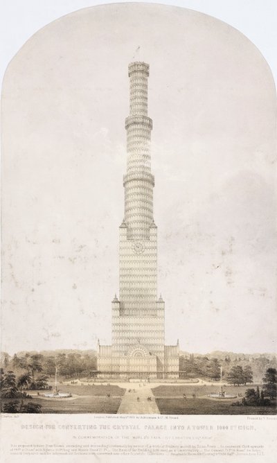 Kristallpalast, nach der Großen Ausstellung Entwurf zur Umwandlung des Kristallpalastes in einen 1000 Fuß hohen Turm von Unbekannt