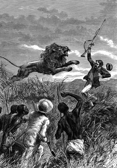 David Livingstone, schottischer Missionar und Afrikaforscher, von einem Löwen angegriffen, ca. 1860 von Unbekannt