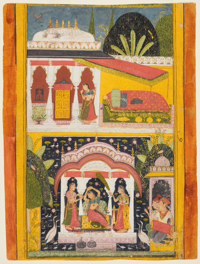 Desavarari Ragini, aus einer Ragamala-Serie: Eine Dame und zwei Begleiterinnen in einer Laube in der Mitte, ca. 169 von Unbekannt