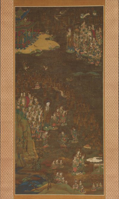 Abstieg und Rückkehr von Amida ins westliche Paradies mit der Seele eines Gläubigen Gosho Mandara, um 1300 von Unbekannt