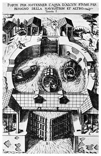 Entwurf für schwenkbare Schleusentore von Leonardo da Vinci, 15. Jahrhundert, 1956 von Unbekannt