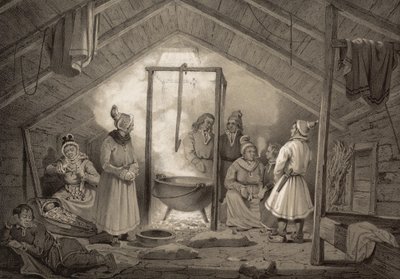 Das Innere einer Bauernhütte in Finmarken. Illustration aus dem Buch Norge fremstillet i Tegninger von P.Chr. Asbjørnsen, veröffentlicht von Chr. Tønsberg (Norwegen, 1848) von Unbekannt